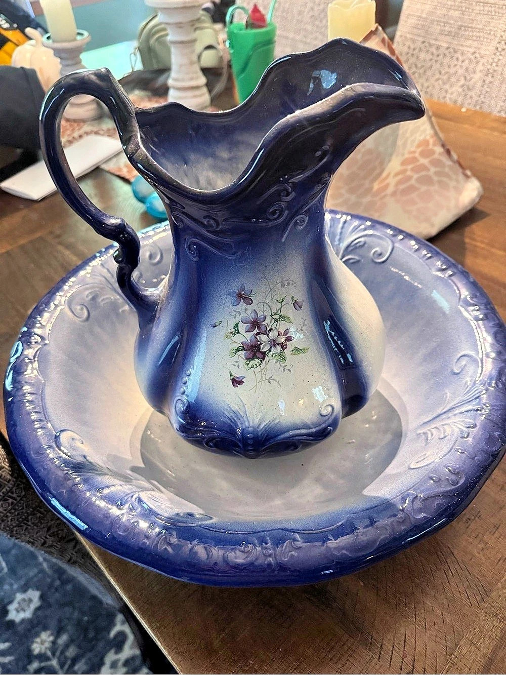 Ironstone Floral Pitcher & Platter Set in Blue & White